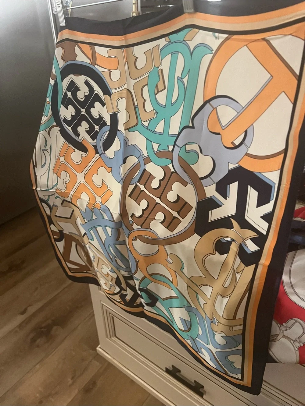 Silk Patterned Logo-Print Scarf in Cream, Orange, Teal & Navy! NWOT!